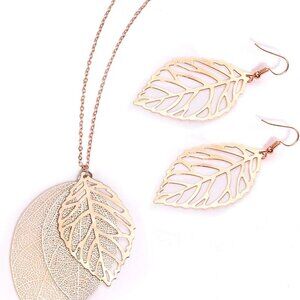 Leaf Earrings and Necklace Set Women Boho Gold Tone Multi Tiered Dangle Jewelry